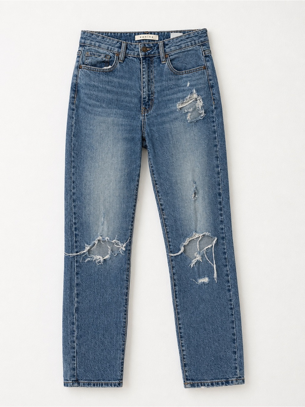 eunina Distressed Light Blue High-Rise Straight-Leg Jeans
